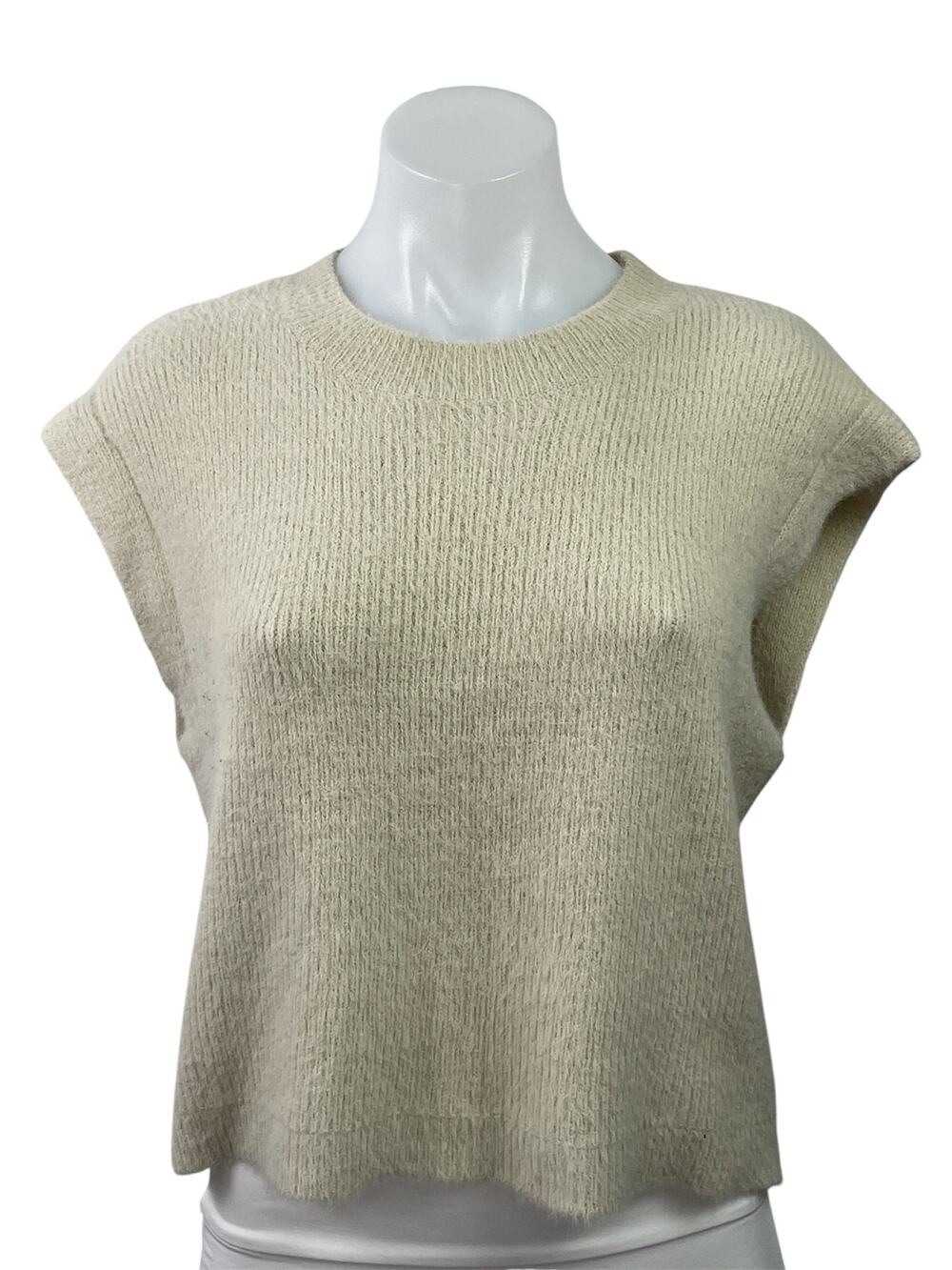 Zara Women's Beige Cream Eyelash Knit Cap Sleeve Crew Neck Sweater Top Size M